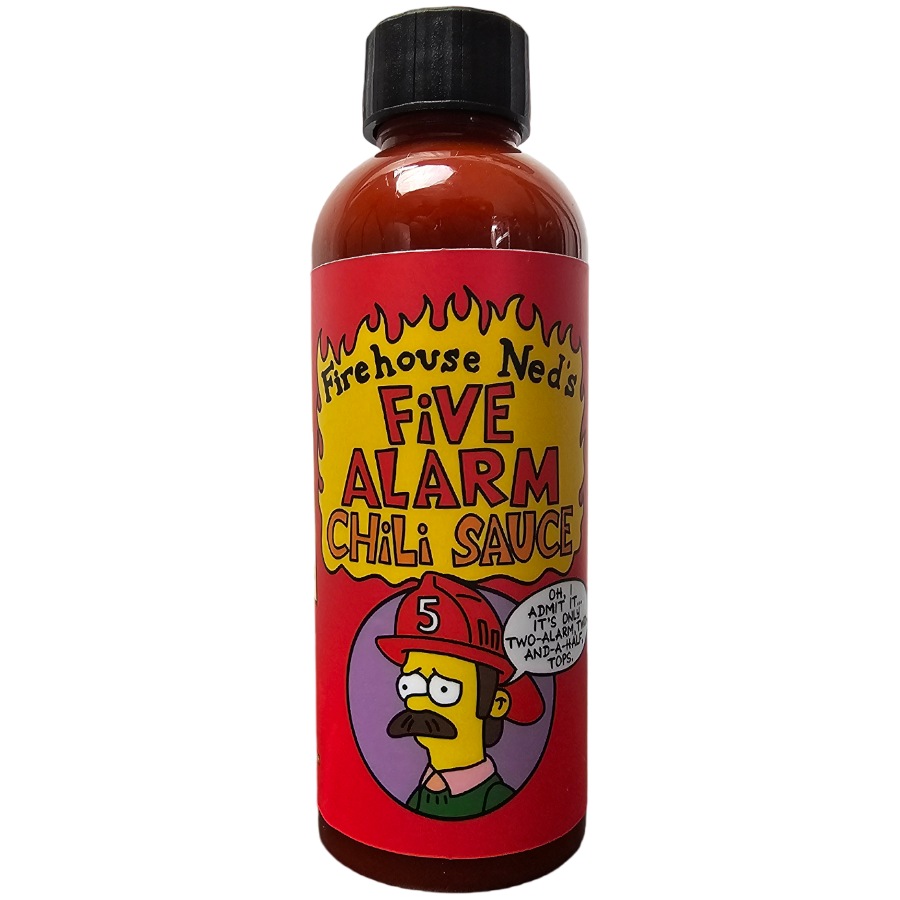 Bottle of Springfield Sauces hot sauce by Lou's Brews with label featuring vibrant colors and branding on a plain background.