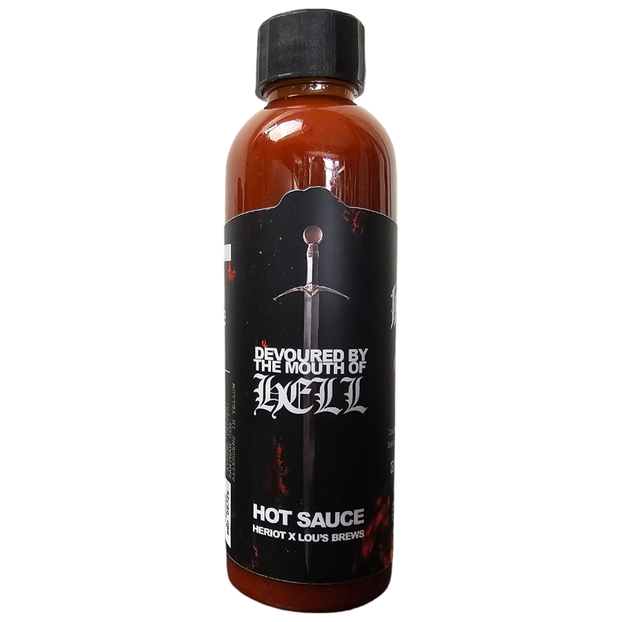 Hot sauce bottle from Lou's Brews, featuring Lou's x Heriot x Kerrang Devoured By The Mouth Of Hell Hot Sauce, with fiery label design.