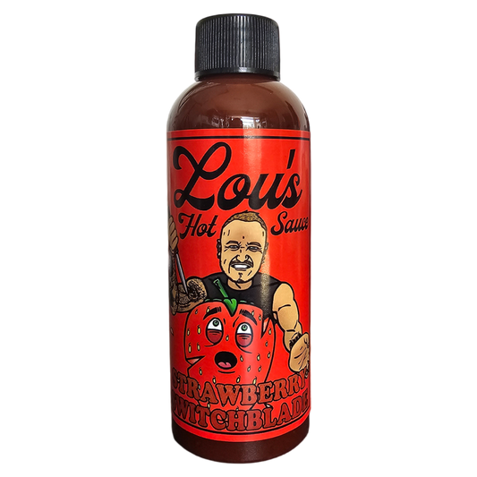 Strawberry Switchblade Carolina Reaper Hot Sauce bottle from Lou's Brews, featuring a vibrant label with strawberries and peppers.