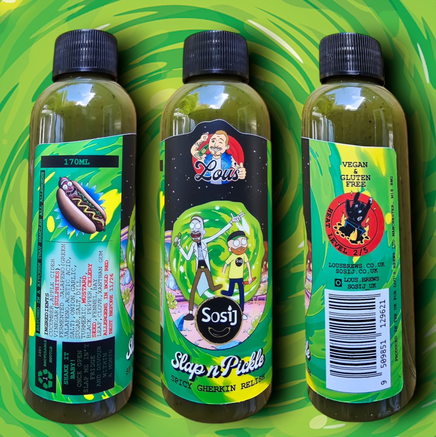 Lou's x Sosij Slap n' Pickle hot sauce bottle with colorful label, showcasing bold branding and vibrant design elements.
