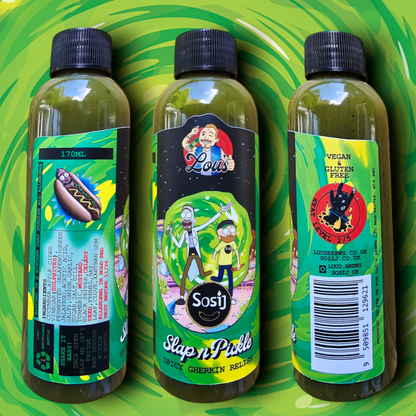 Lou's x Sosij Slap n' Pickle hot sauce bottle with colorful label, showcasing bold branding and vibrant design elements.