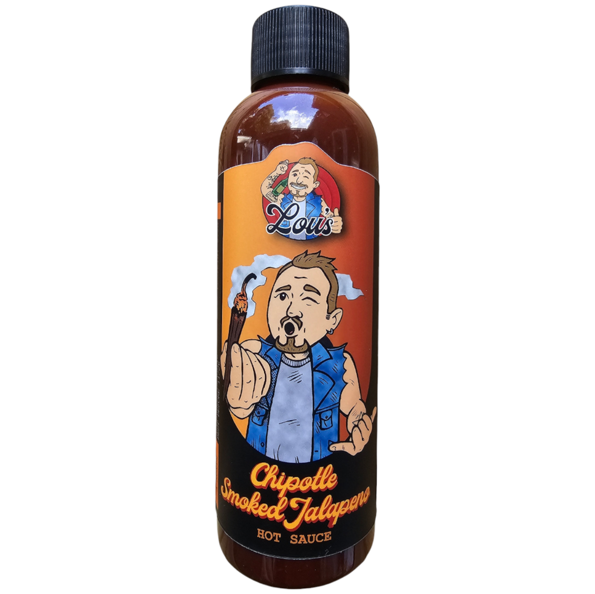 Bottle of Lou's Brews Chipotle Smoked Jalapeno Hot Sauce, spicy condiment with smoky jalapeno peppers in a clear glass bottle