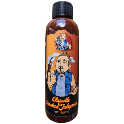 Bottle of Lou's Brews Chipotle Smoked Jalapeno Hot Sauce, spicy condiment with smoky jalapeno peppers in a clear glass bottle