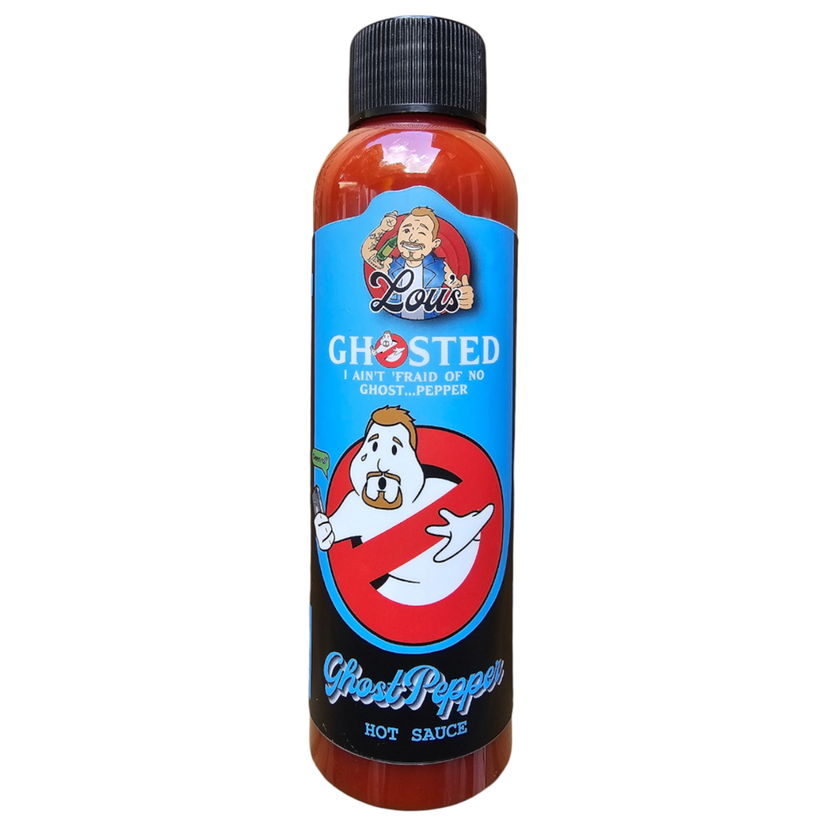 Bottle of Ghosted! Hotsauce from Lou's Brews, featuring fiery red chili peppers and spicy condiment packaging.