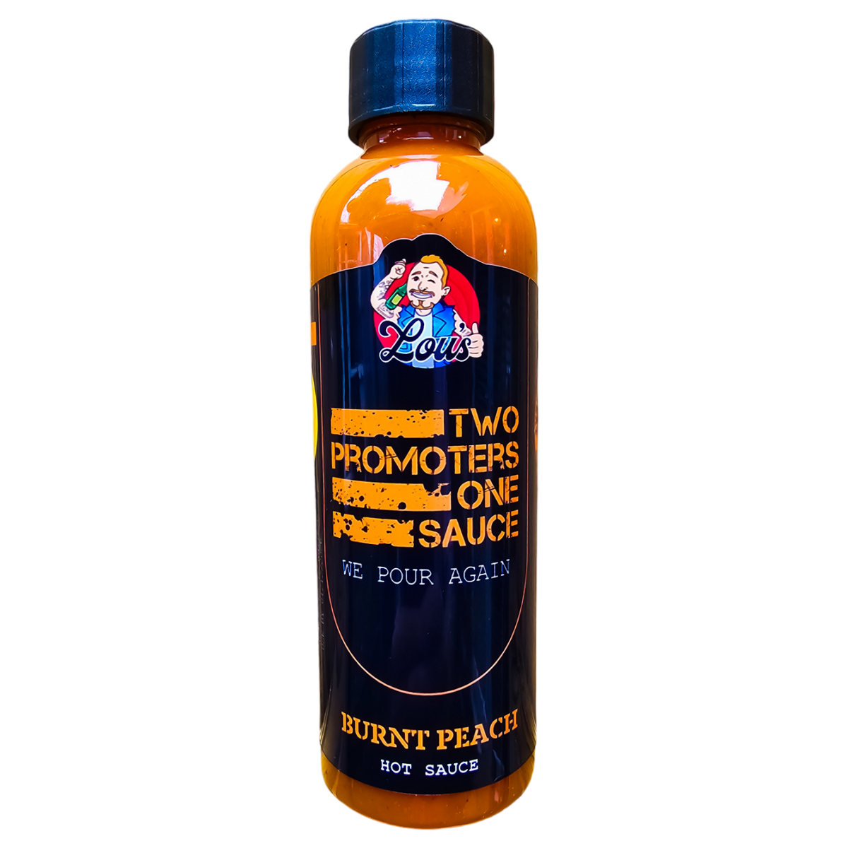 Two bottles of Lou's Brews Burnt Peach Hot Sauce featuring vibrant labels and fiery orange sauce in clear glass bottles.