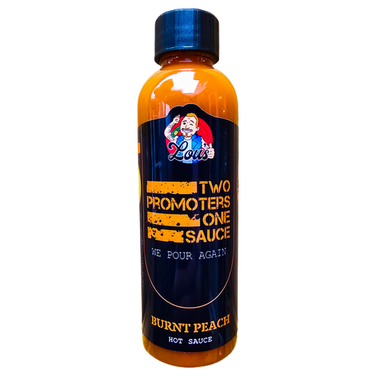 Two bottles of Lou's Brews Burnt Peach Hot Sauce, spicy condiment with a rich orange label and bold packaging design.