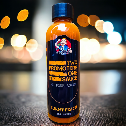 Two bottles of Lou's Brews Burnt Peach Hot Sauce with vibrant labels, showcasing the spicy condiment in clear glass bottles.