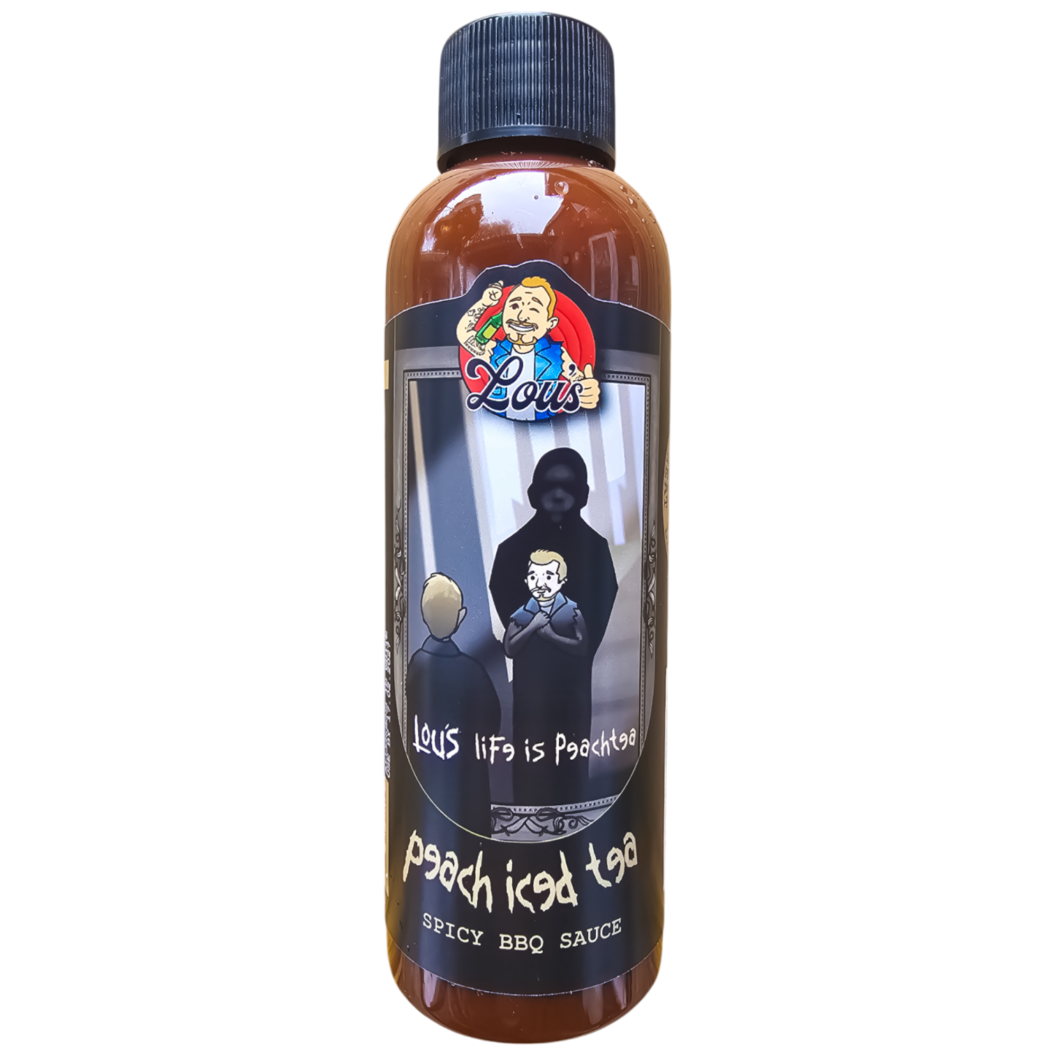 Bottle of Lou's Brews Life Is Peach Tea Peach Iced Tea Hot BBQ Sauce, showcasing its label and sauce inside the bottle.