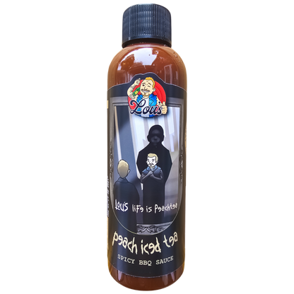 Bottle of Lou's Brews Life Is Peach Tea Peach Iced Tea Hot BBQ Sauce, showcasing its label and sauce inside the bottle.
