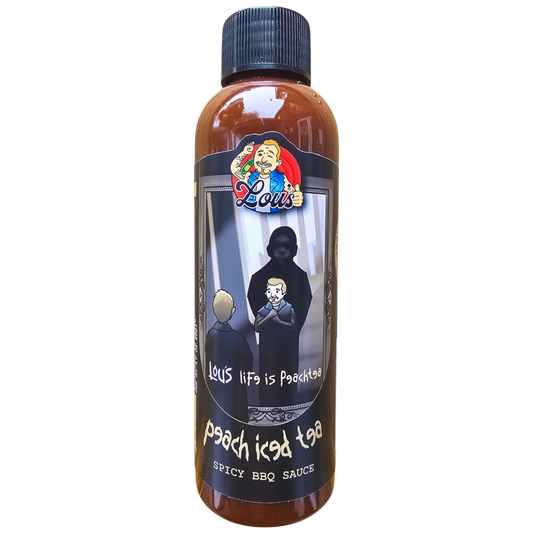 Life Is Peach Tea Peach Iced Tea Hot BBQ Sauce bottle from Lou's Brews, featuring peach and tea flavors in a condiment bottle.