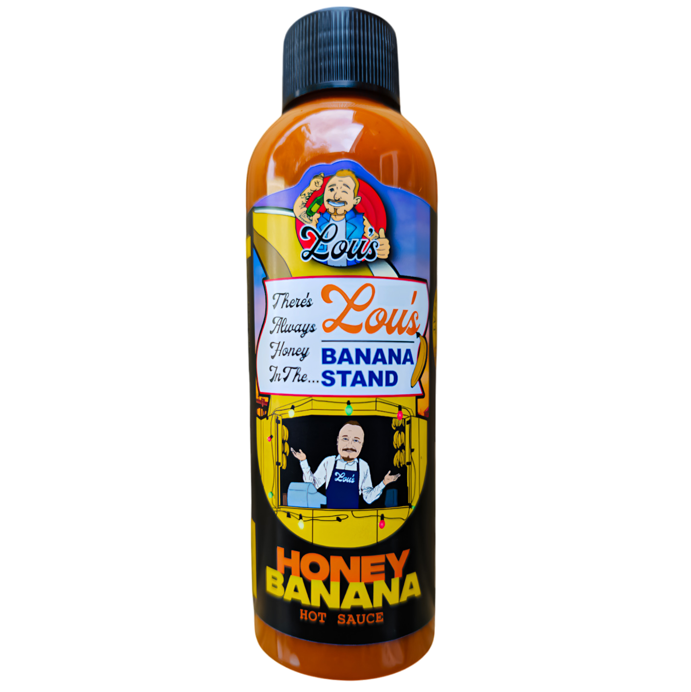 Bottle of Lou's Brews banana and honey sauce, a condiment with banana and honey flavor, in a clear glass jar with a label.