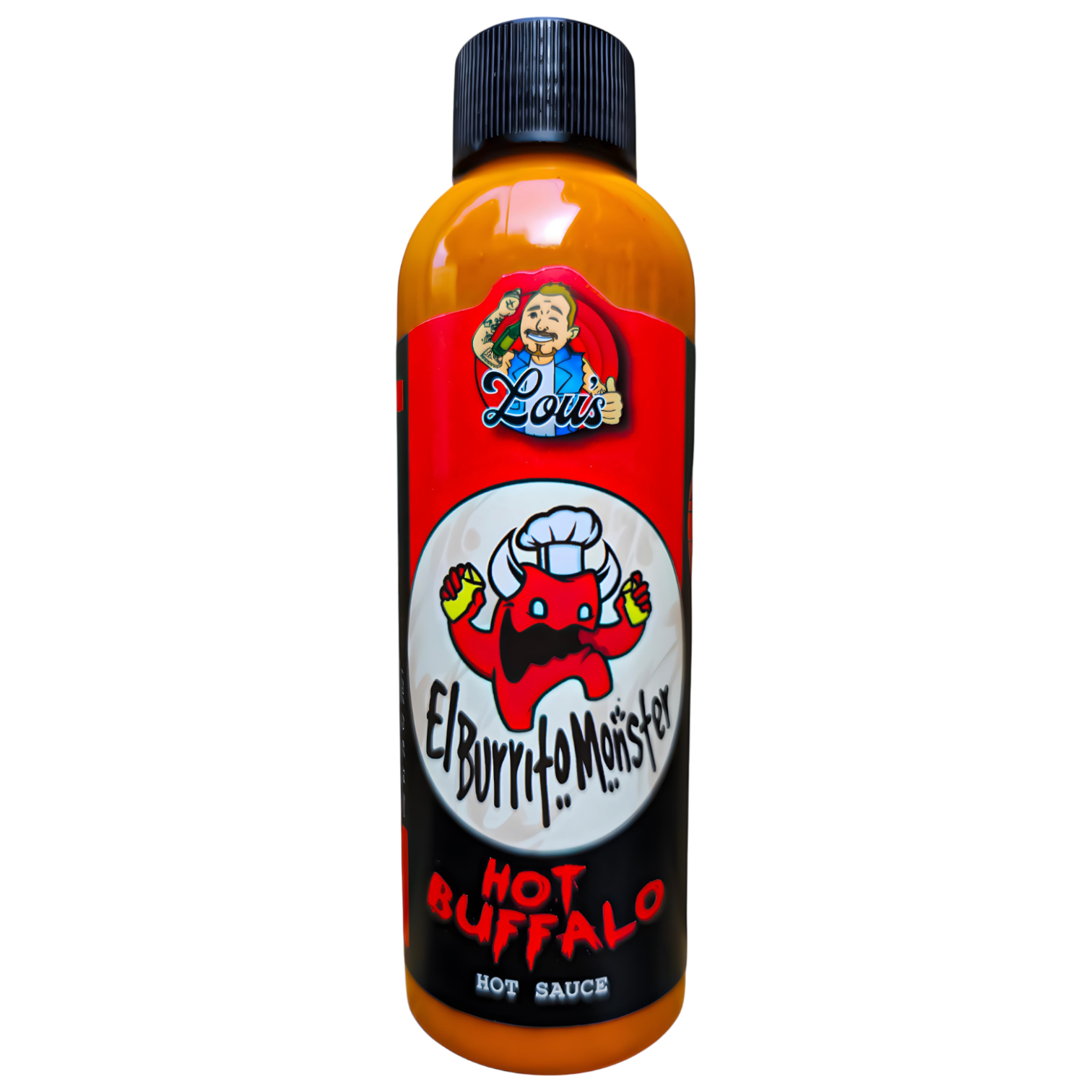 El Burrito Monster Hot Buffalo Sauce bottle from Lou's Brews, featuring spicy buffalo condiment with bright label design.