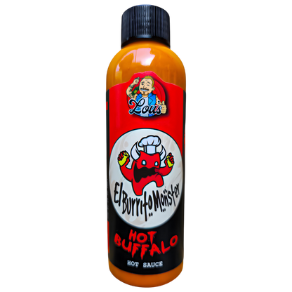 El Burrito Monster Hot Buffalo Sauce bottle from Lou's Brews, featuring spicy buffalo condiment with bright label design.