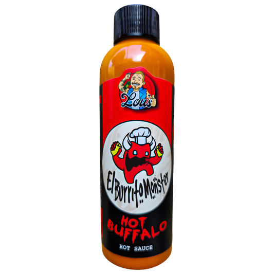 El Burrito Monster Hot Buffalo Sauce bottle from Lou's Brews, featuring spicy buffalo condiment with bright label design.