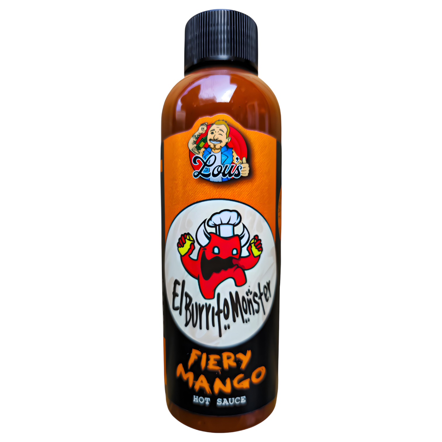 Fiery mango hot sauce in a glass bottle labeled El Burrito Monster from Lou's Brews, vibrant orange and red sauce visible.