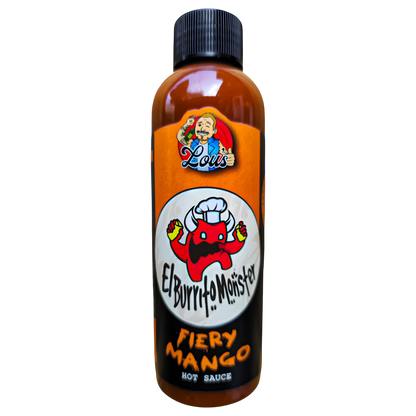 Fiery mango hot sauce in a glass bottle labeled El Burrito Monster from Lou's Brews, vibrant orange and red sauce visible.