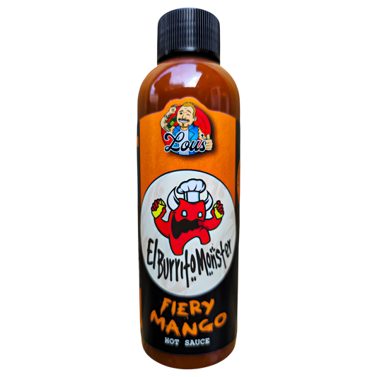 Fiery mango hot sauce in a glass bottle labeled El Burrito Monster from Lou's Brews, vibrant orange and red sauce visible.