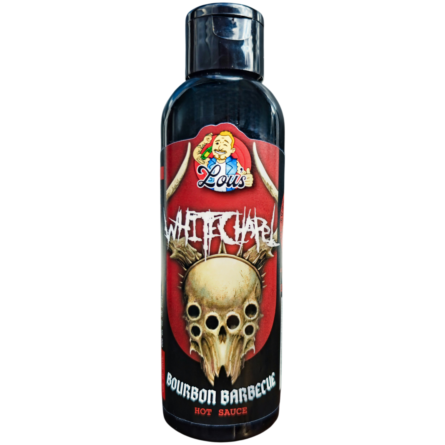 Whitechapel x Lou's Bourbon Barbecue hot sauce bottle from Lou's Brews, featuring a white label and dark bourbon flavor.