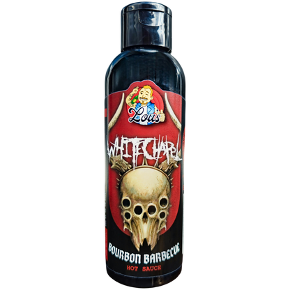 Whitechapel x Lou's Bourbon Barbecue hot sauce bottle from Lou's Brews, featuring a white label and dark bourbon flavor.