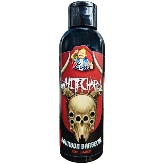 Whitechapel x Lou's Bourbon Barbecue hot sauce bottle from Lou's Brews, featuring a white label and dark bourbon flavor.
