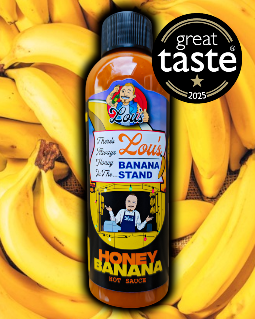 Bottle of Lou's Brews banana and honey sauce, a condiment with banana and honey flavors, in a clear glass container.