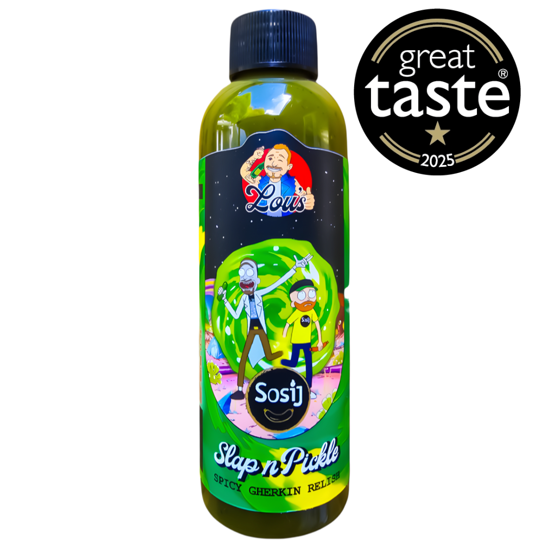 Lou's x Sosij Slap n' Pickle hot sauce bottle with vibrant label, showcasing spicy condiment from Lou's Brews.