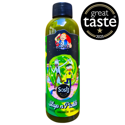 Lou's x Sosij Slap n' Pickle hot sauce bottle with vibrant label, showcasing spicy condiment from Lou's Brews.