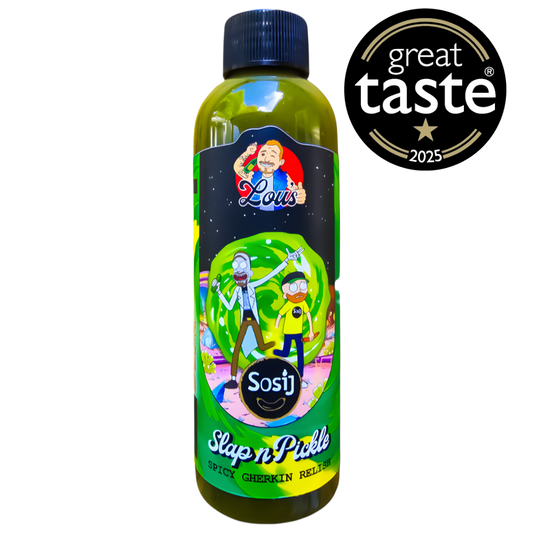 Lou's x Sosij Slap n' Pickle hot sauce bottle with vibrant label, showcasing spicy condiment from Lou's Brews.