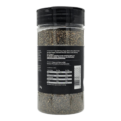 FireFly Barbecue Black Magic Charcoal Beef Rub in a jar, seasoned with a dark, smoky blend perfect for barbecue grilling.
