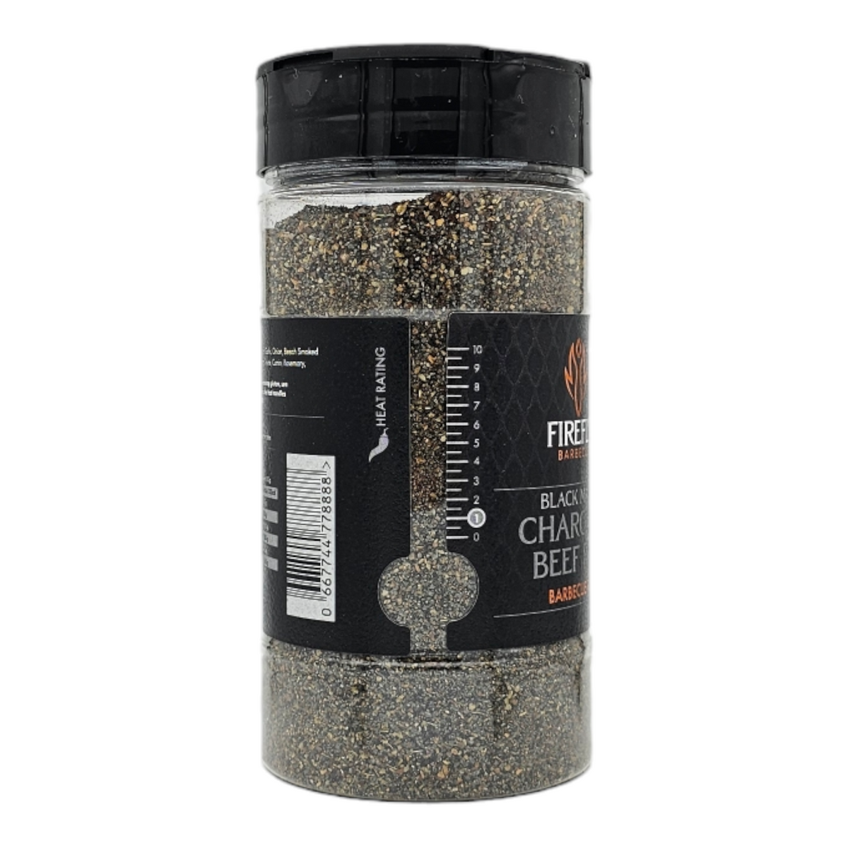 FireFly Barbecue Black Magic Charcoal Beef Rub in a jar, ideal for enhancing grilled beef with smoky, flavorful seasoning.