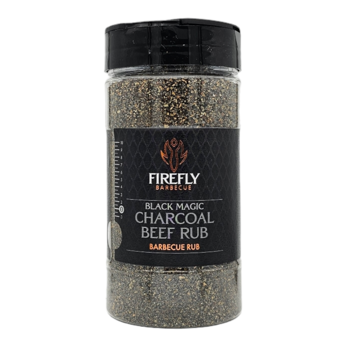 FireFly Barbecue Black Magic Charcoal Beef Rub in a jar, close-up view showing the spice blend for grilling and barbecue.