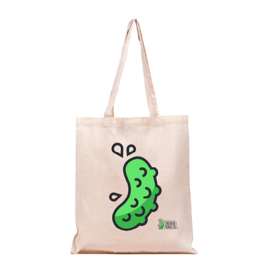 CROOKED PICKLE CO Pickle Tote Bag featuring a fun pickle design, made of durable fabric with sturdy handles for carrying groceries or everyday use.