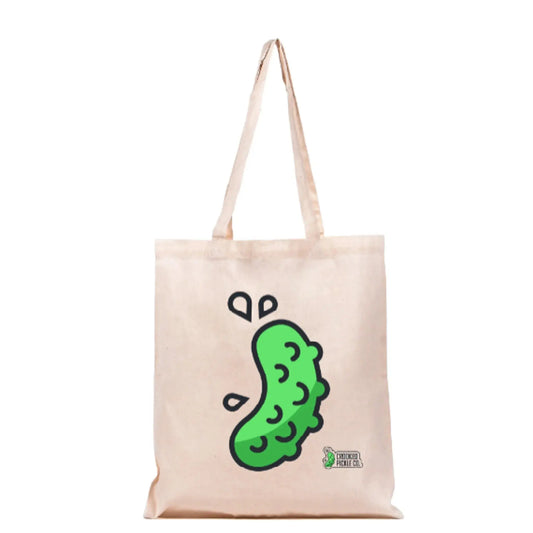 CROOKED PICKLE CO Pickle Tote Bag with pickle print, durable fabric, and sturdy handles for carrying essentials in style.