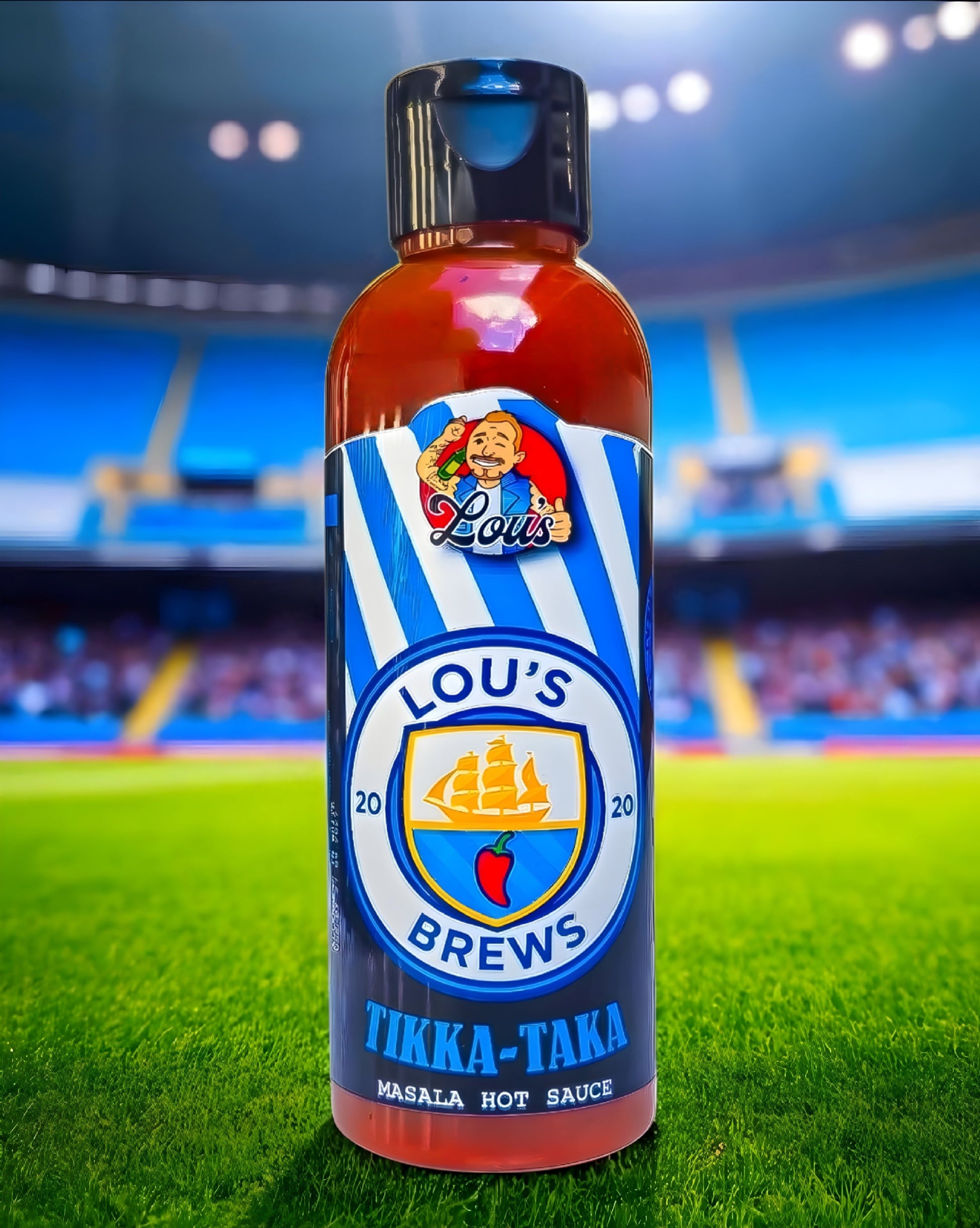 Brightly labeled Tikka Taka Masala Hot Sauce bottle from Lou's Brews featuring vibrant packaging and spicy sauce inside.