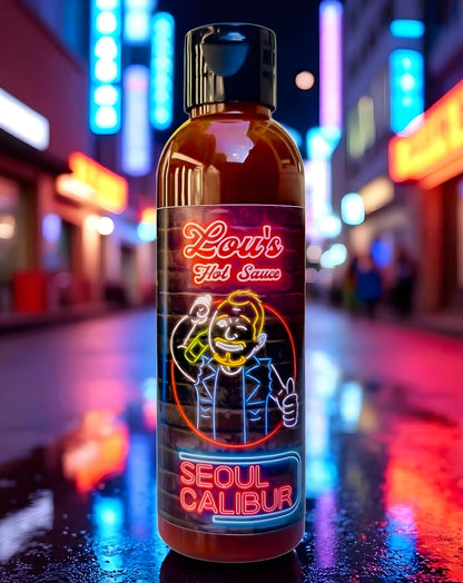 Seoul Calibur Kimchi Hot Sauce from Lou's Brews in a glass bottle, featuring vibrant label and spicy condiment inside.