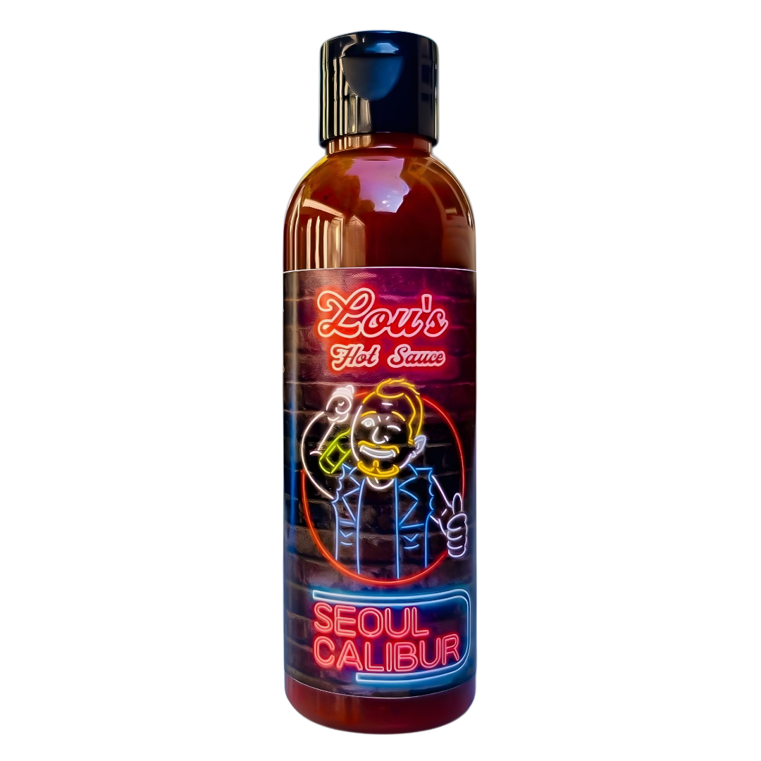 Seoul Calibur Kimchi Hot Sauce bottle by Lou's Brews, spicy condiment with vibrant label, in a condiment bottle on a white background.