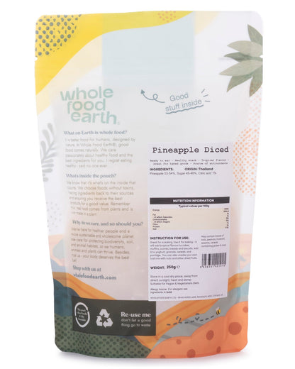 Dried diced pineapple by Whole Food Earth, shown in a clear container, highlighting the golden, cubed dried fruit pieces.