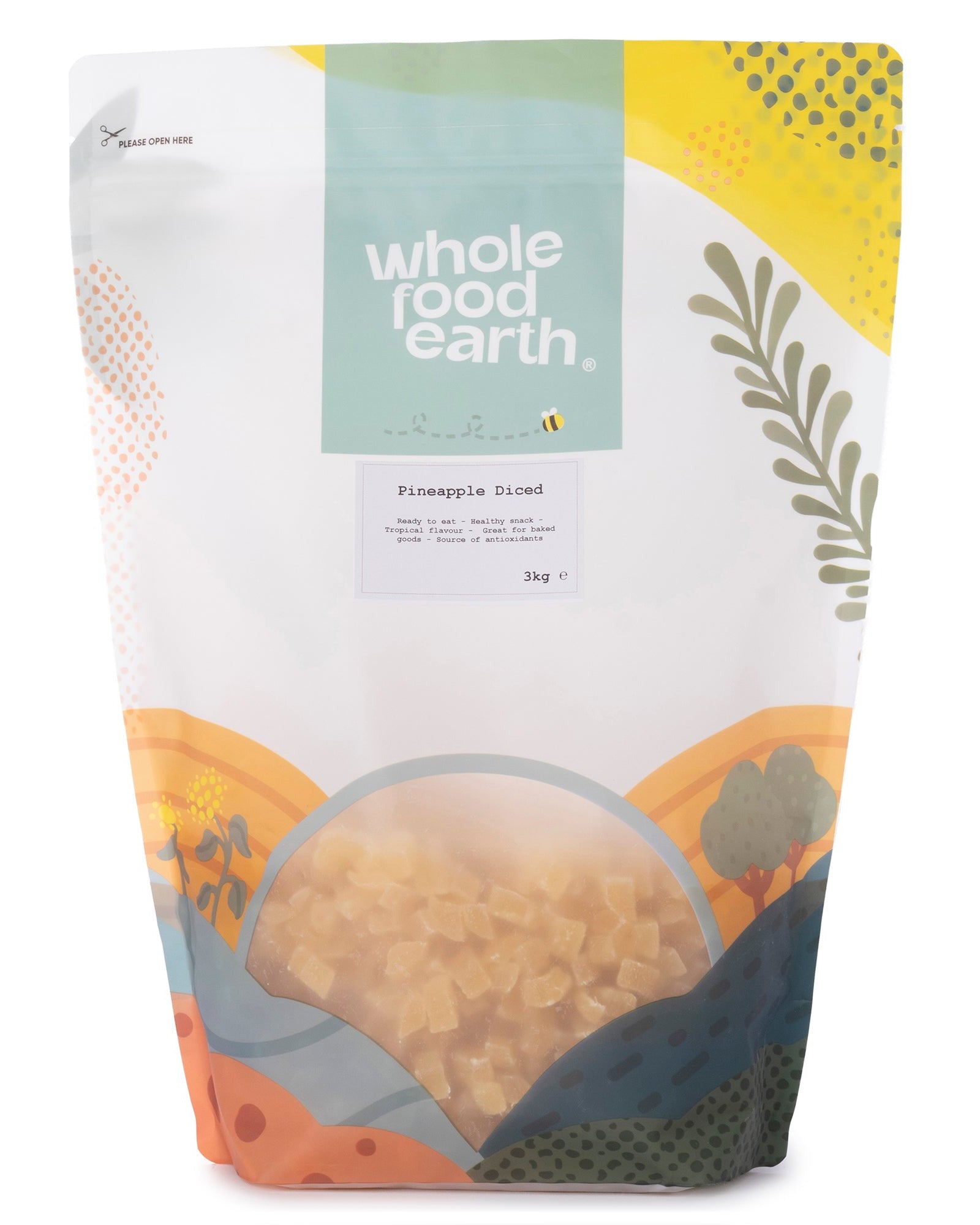 Dried pineapple diced pieces from Whole Food Earth in a 3kg bag, showcasing golden, chewy dried fruit chunks.
