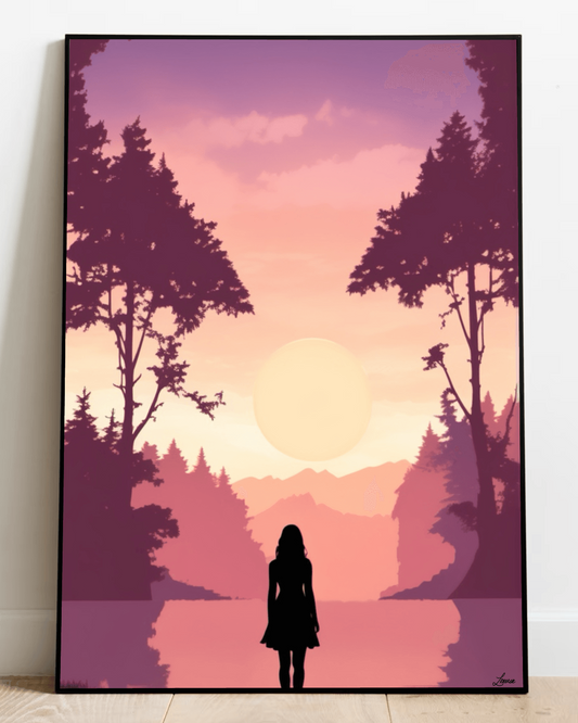 Pink Sunset Silhouette print by KEOLIX featuring a vibrant pink sunset with silhouette trees on high-quality art paper.
