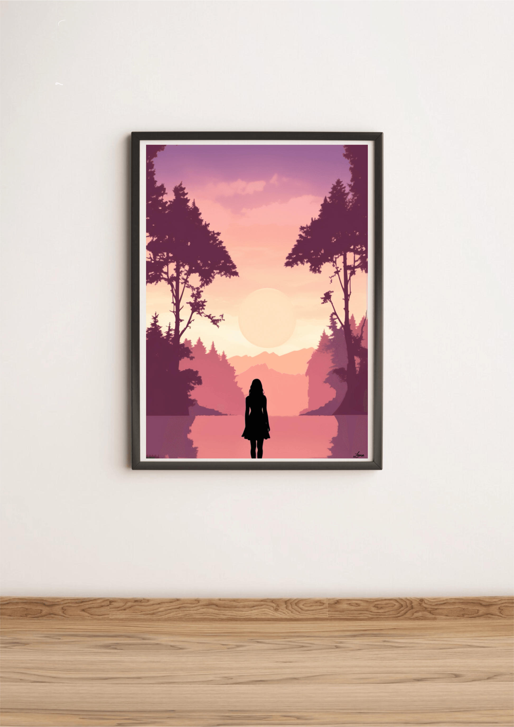 Pink sunset silhouette print by KEOLIX featuring vibrant pinks and dark silhouette outlines, perfect for wall decor.