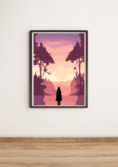 Pink sunset silhouette print by KEOLIX featuring vibrant pinks and dark silhouette outlines, perfect for wall decor.