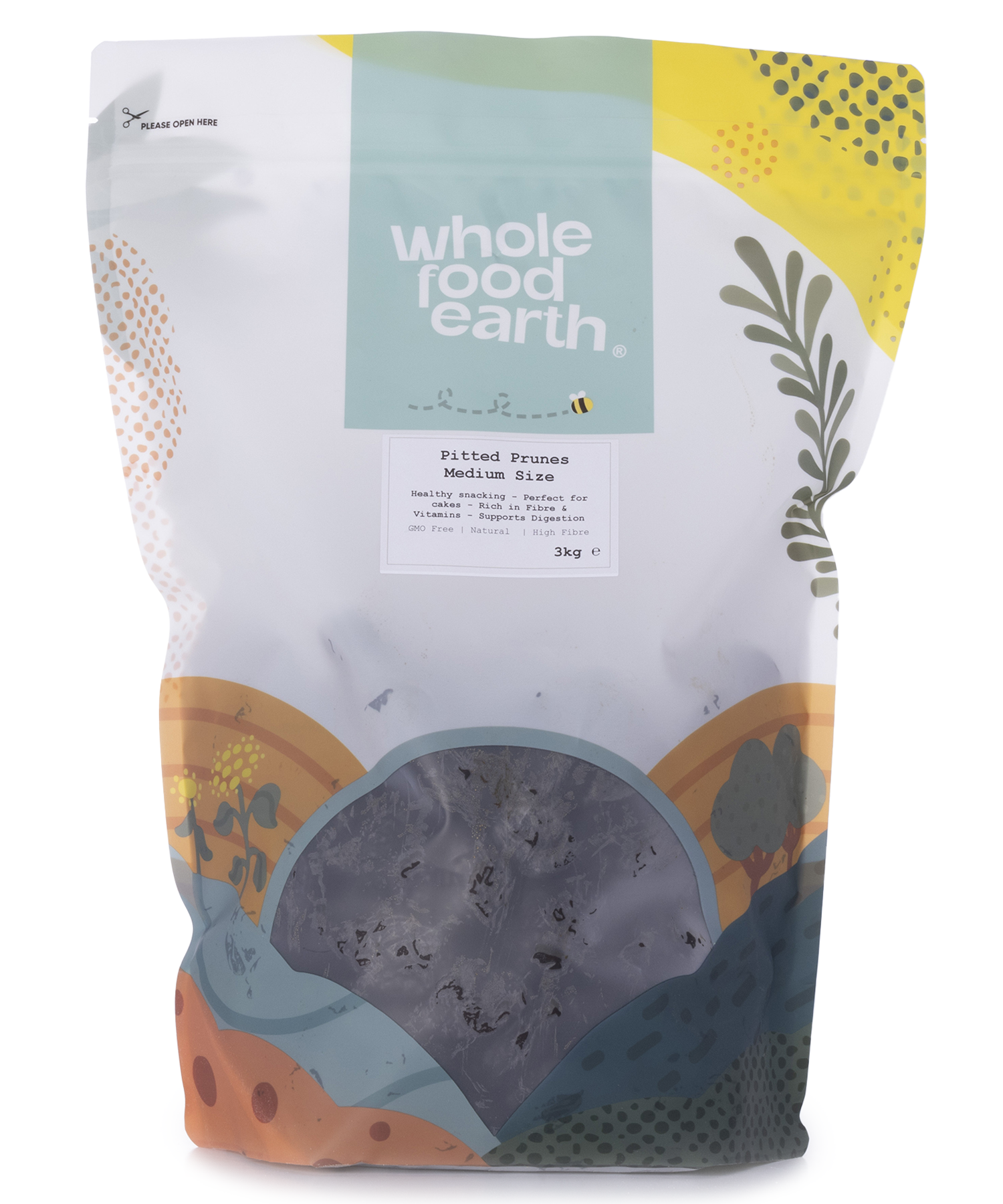 Medium-sized pitted prunes from Whole Food Earth, dried fruit showing glossy, dark, wrinkled surface in a clear container.