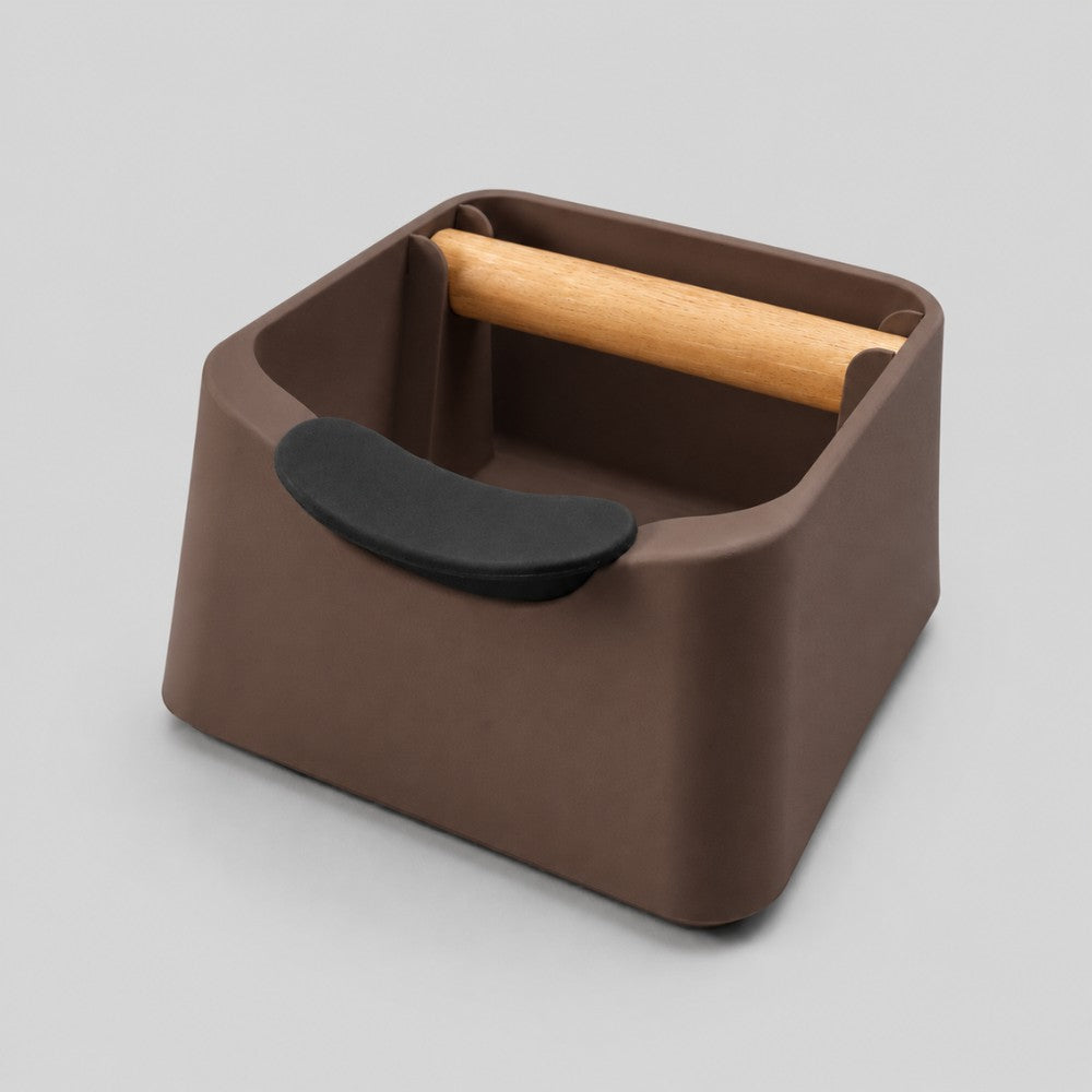 KNOCDIC® The Pod 3-in-1 espresso knock box with portafilter stand and oak wood knock bar, brown coffee accessories.
