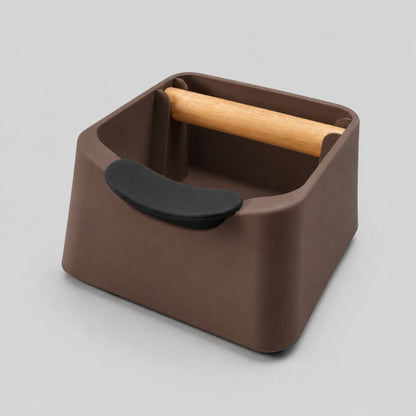 KNOCDIC® The Pod 3-in-1 espresso knock box with portafilter stand and oak wood knock bar, brown coffee accessories.