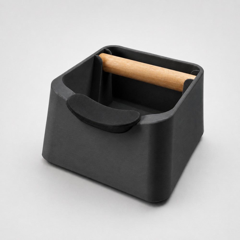 KNOCDIC® Pod 3-in-1 espresso knock box with oak wood knock bar and portafilter stand in charcoal finish.