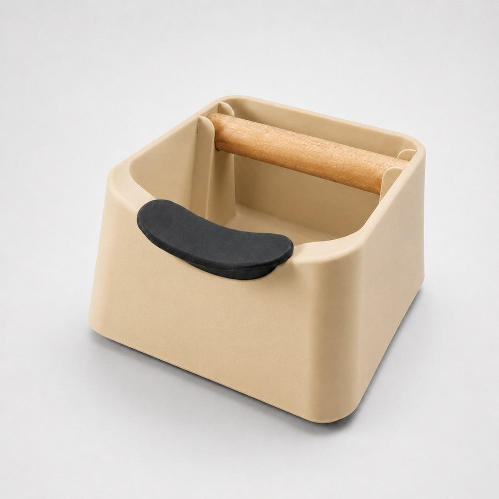 KNOCDIC® Pod 3-in-1 espresso knock box with portafilter stand and oak wood knock bar in desert tan color.