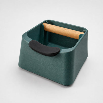 Galaxy green KNOCDIC® Pod 3-in-1 espresso knock box with portafilter stand and oak wood knock bar for coffee prep.