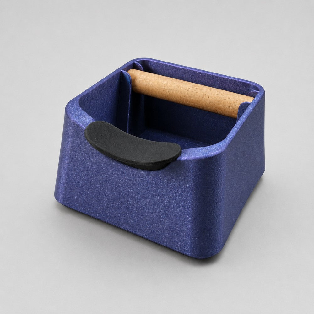 KNOCDIC® The Pod 3-in-1 espresso knock box with portafilter stand and oak wood knock bar, featuring galaxy nebulae design.