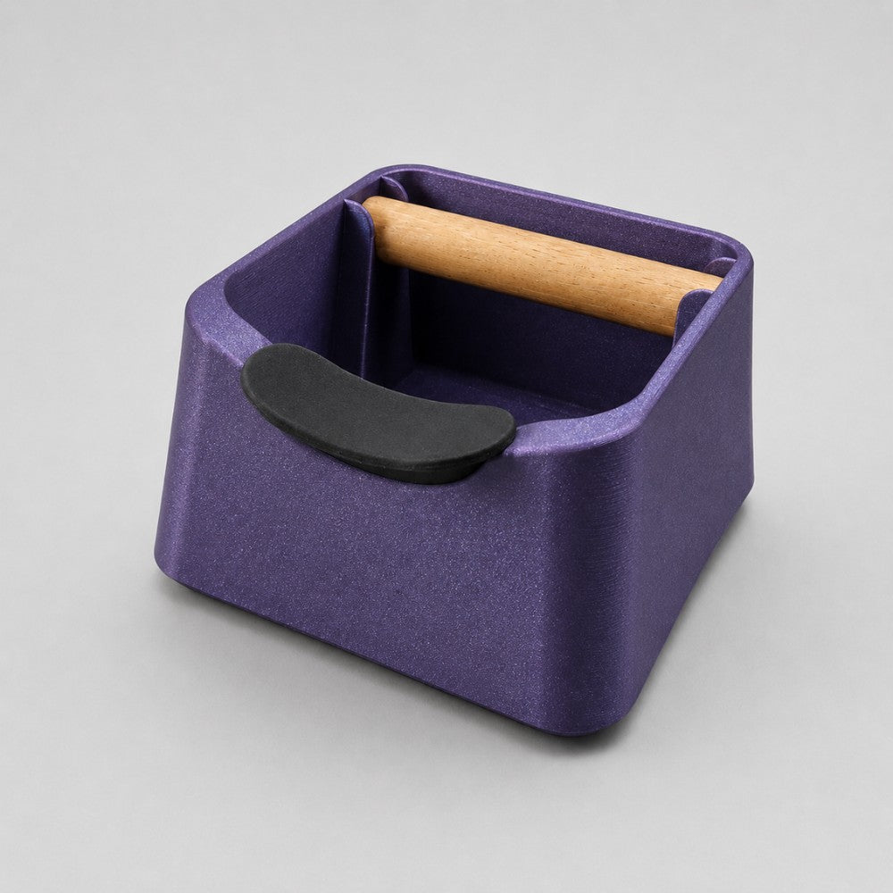 KNOCDIC® Pod 3-in-1 Espresso Knock Box with portafilter stand and oak wood knock bar in galaxy purple for coffee preparation.