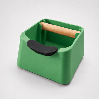 KNOCDIC® The Pod 3-in-1 espresso knock box with portafilter stand and oak wood knock bar in grass green color.